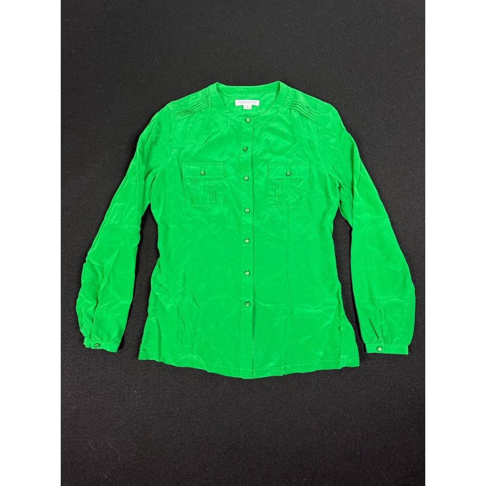 Pendleton Women Green 100% Silk Band Collar Button Down Blouse Size 6 Pleated